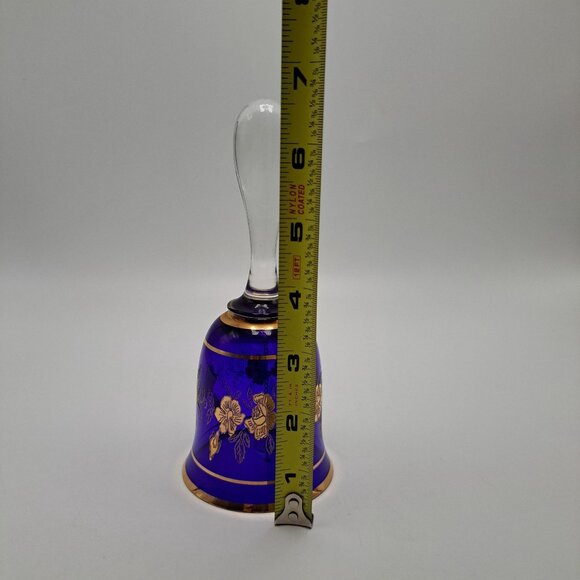 Bohemian Blue Glass Bell With Gold Floral Design - Picture 7 of 10